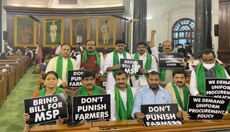 TRS MPs stage farm protest in Parliament, RS adjourned