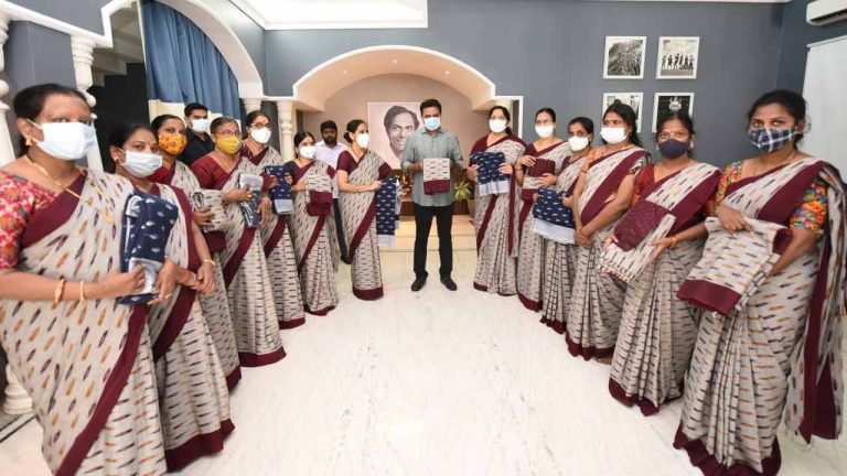 KTR, Satyavathi Distribute Handloom Sarees To Anganwadi Staff