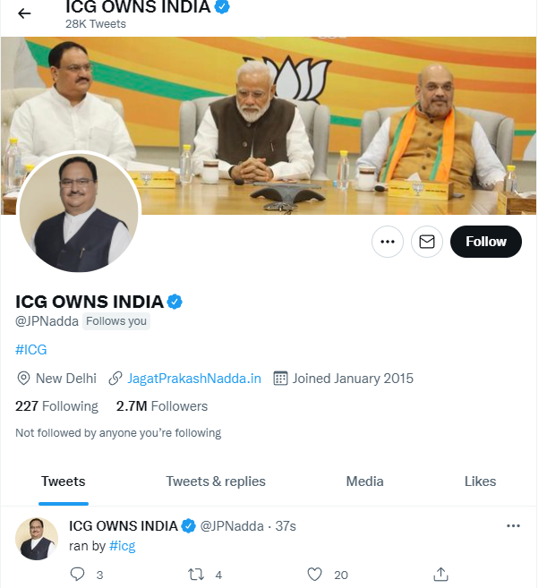 BJP national president JP Nadda's Twitter account hacked