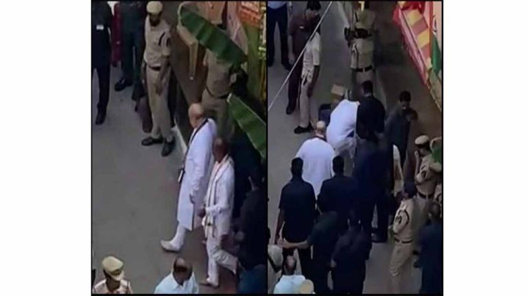 Telangana BJP chief Bandi Sanjay under fire for picking Amit Shah’s shoes at temple