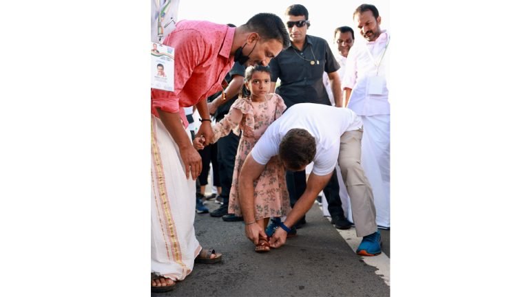 WATCH: Rahul Gandhi helps a girl to wear her sandal during Bharat Jodo Yatra