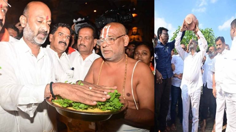 Bandi Sanjay takes oath at Yadadri temple in wet clothes to prove his claim