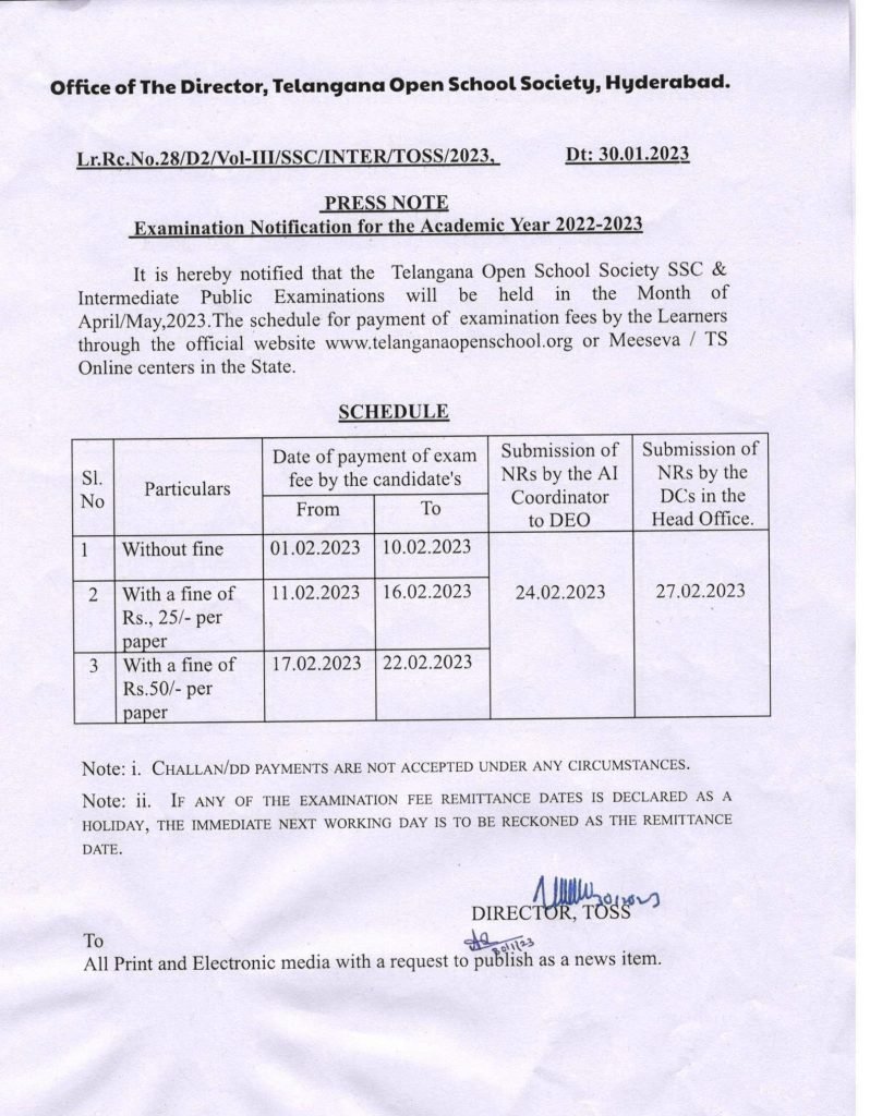 TOSS; SSC & INTERMEDIATE EXAMINATION-2023 Fee Dates Announced