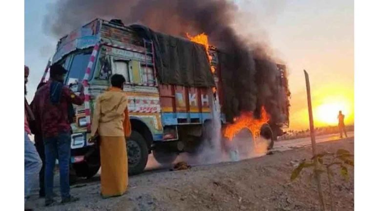 Lorry Carrying Rice Caught Fire In Sangareddy