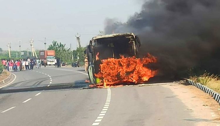TSRTC Rajdhani Bus Burnt Due To Bike Collision in Suryapet