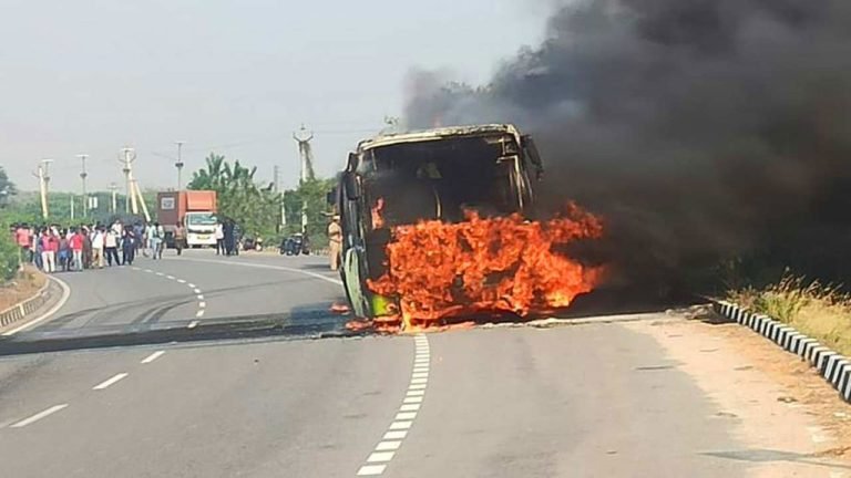 TSRTC Rajdhani Bus Burnt Due To Bike Collision in Suryapet