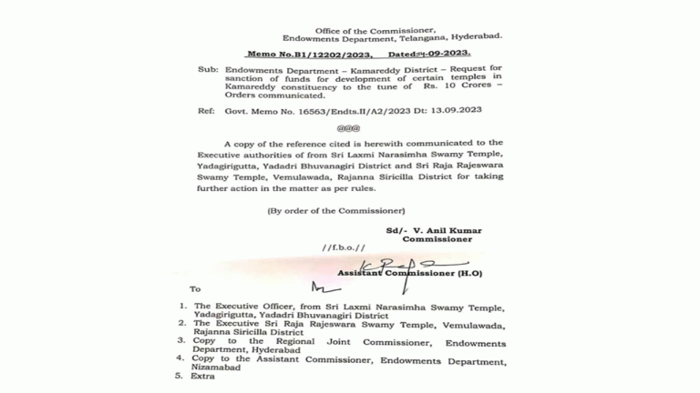Rs. 10 Cr Of Yadadri And Vemulawada Temple To Kamareddy: Orders Issued