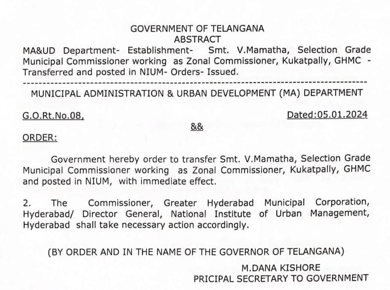 TGO Association President Mamata Transferred To National Institute of Urban Management