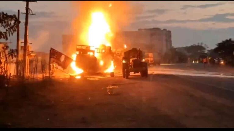 Oil Tanker Overturned And Caught Fire