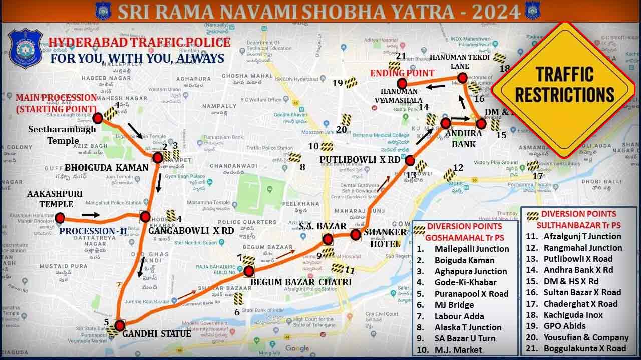Traffic Diversion From Seetharambagh To Sultan Bazar For Ram Navami Shobha Yatra Procession 