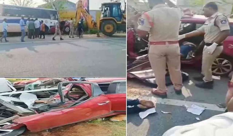 Three Killed In A Car-Bus Collision On Hyderabad-Srisailam Highway