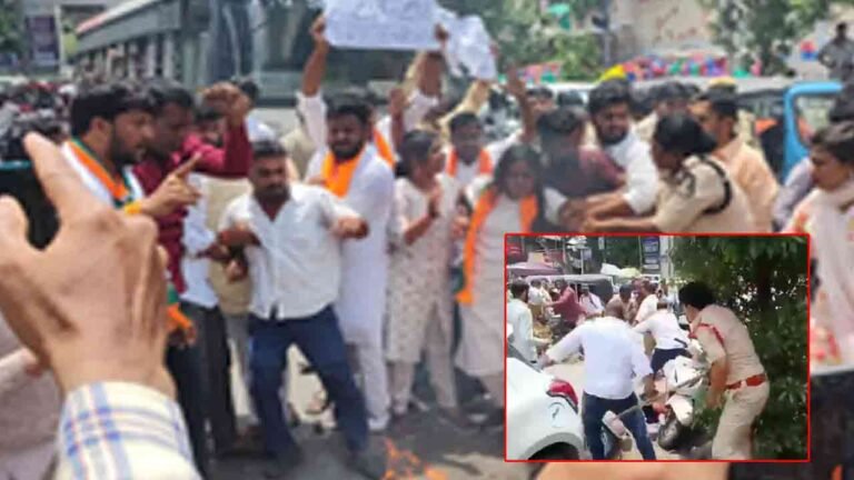 Police Foil BJYM's Protest March To Congress Office Against Rahul's Anti-Hindu Remarks.
