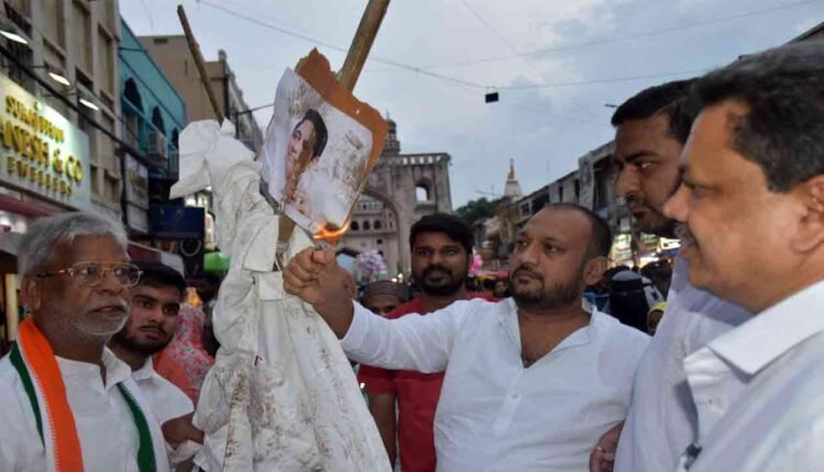 Congress activists burn KTR's effigy over remarks on women's free bus travel scheme