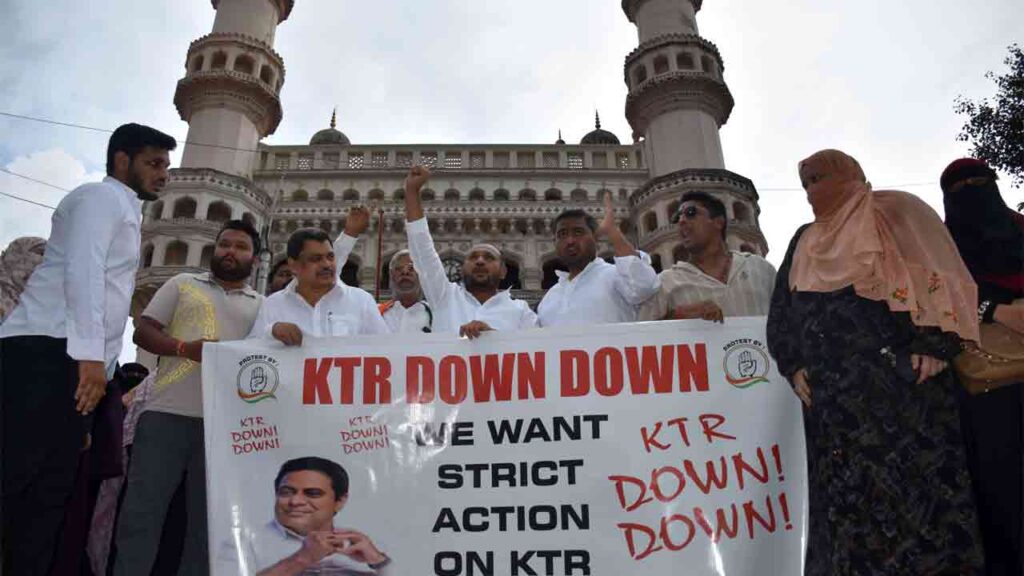 Congress activists burn KTR's effigy over remarks on women's free bus travel scheme