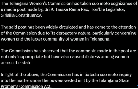 Telangana Women's Commission Issues Notices to KTR Over Remarks Against Women