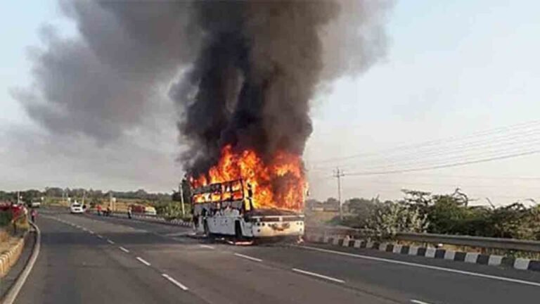 Private Bus Gutted In Fire At Medchal