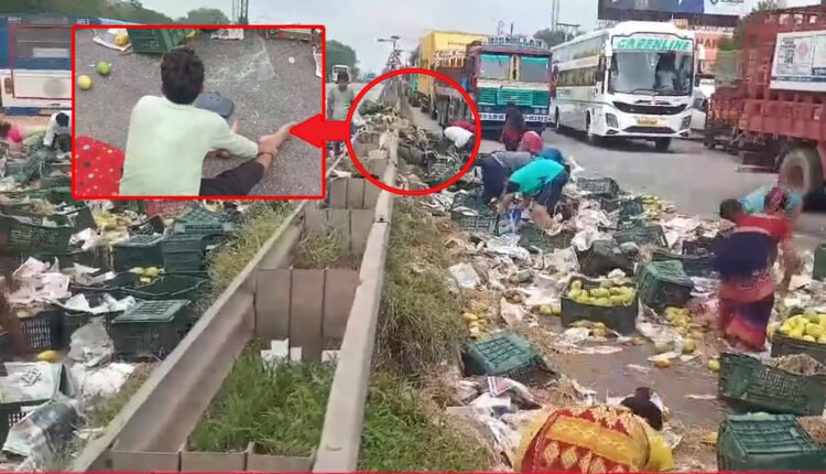 Two Injured As Truck Laden With Mangoes Turned Turtle On Thimmapur Road