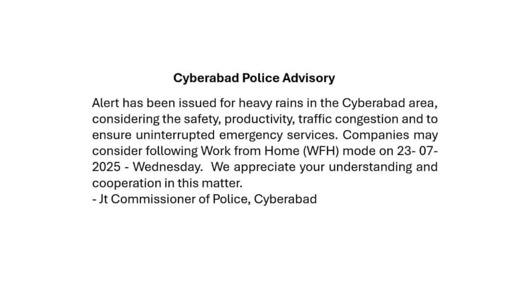 Cyberabad Police Urge IT Firms to Implement Work-From-Home Amid Heavy Rain Alert