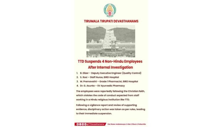 TTD Suspends Four Employees for Allegedly Following Non-Hindu Faiths
