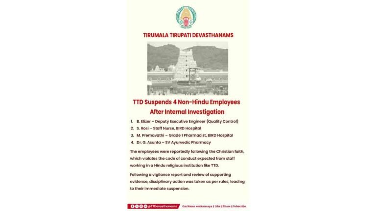 TTD Suspends Four Employees for Allegedly Following Non-Hindu Faiths
