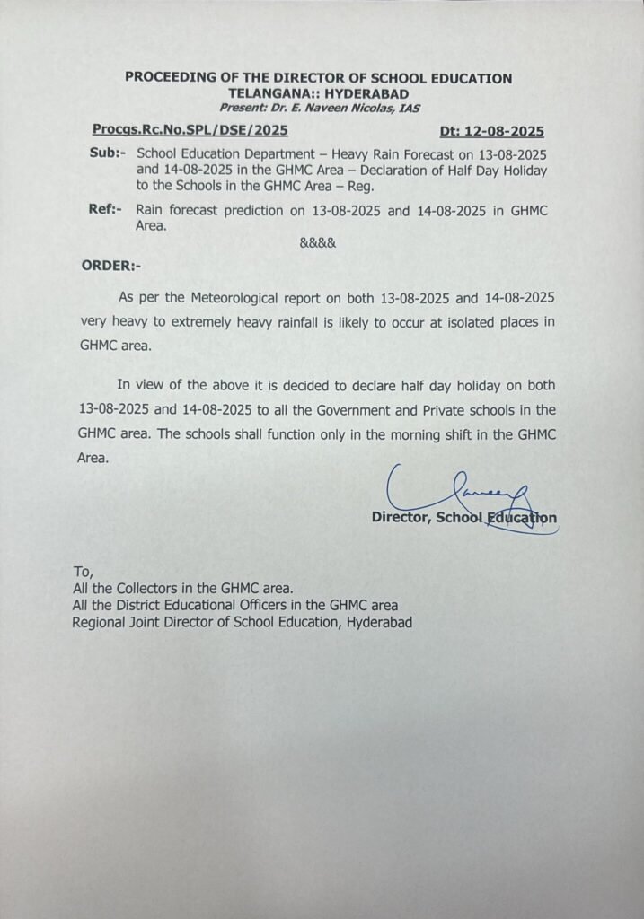 Heavy Rainfall: Half-Day Holiday Declared For Schools in Hyderabad