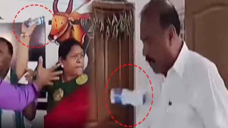 BRS MLA Kova Lakshmi Throw Bottles At Congress Leaders: Chaos While Ration Card Distribution