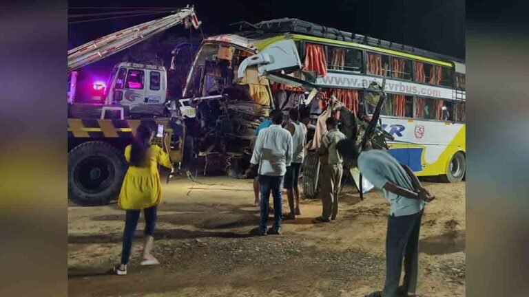 Four Including Two Women Killed As Private Bus Rams Stationary Truck In Mahabubnagar