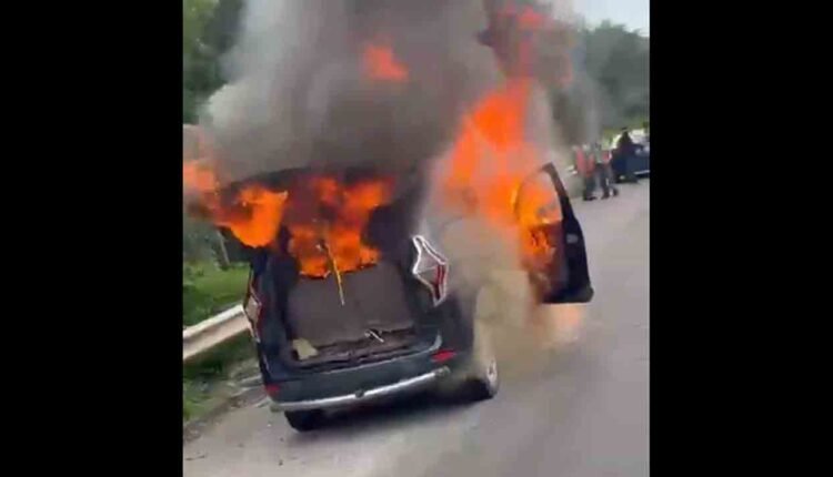 Car Catches Fire On ORR In Sangareddy, Passengers Safe