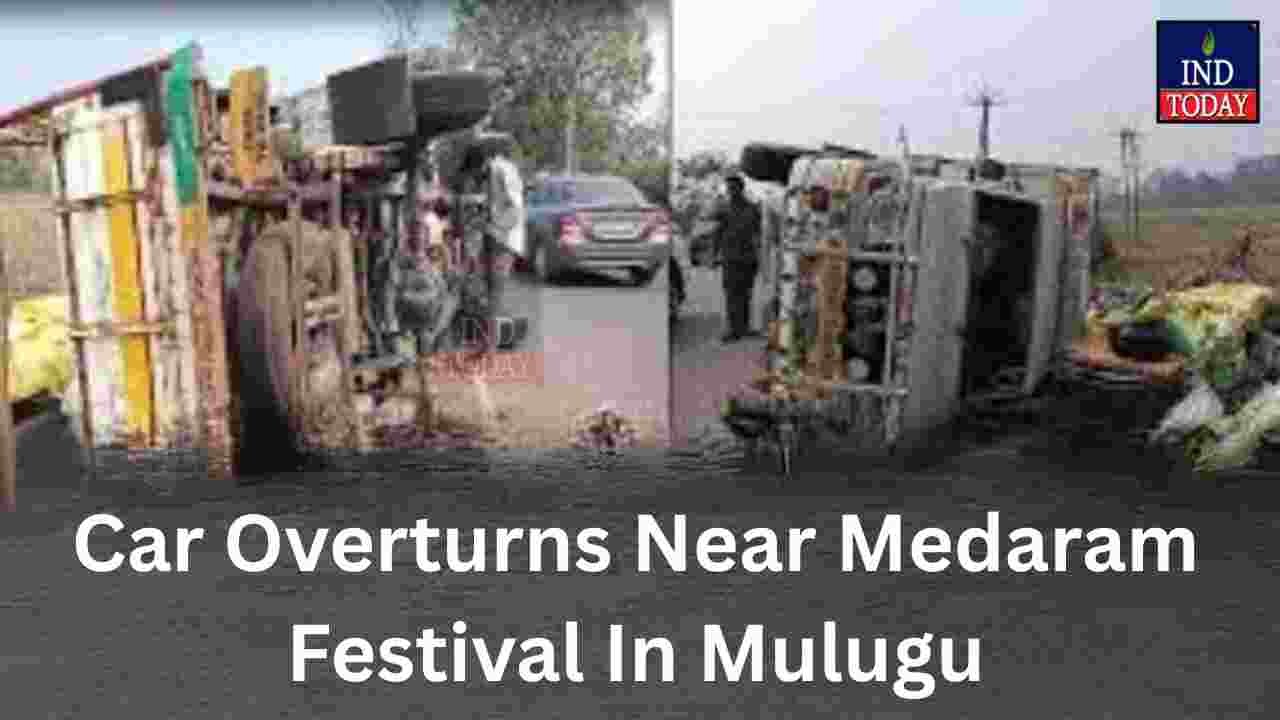 Car Overturns Near Medaram Festival In Mulugu