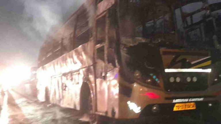 Private Travel Bus Gutted In Engine Fire On NH-44 Near Medak