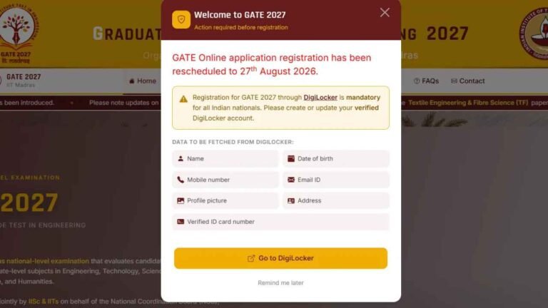 GATE 2027 Registration Schedule Revised, Applications From August 14