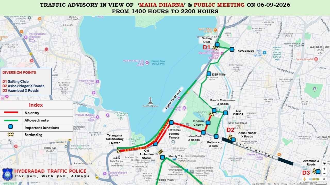 Hyderabad Traffic Diversions Announced For CM’s Maha Dharna Tomorrow