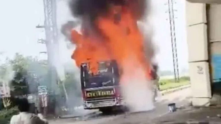 Bus Catches Fire in Srikakulam, Seven Passengers Escape Unhurt