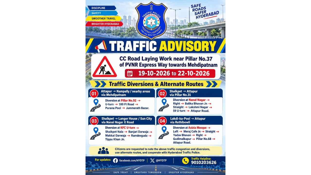 Hyderabad Traffic Diversions Near PVNR Expressway From Monday To Thursday Hyderabad Traffic Diversions Near PVNR Expressway From Monday To Thursday